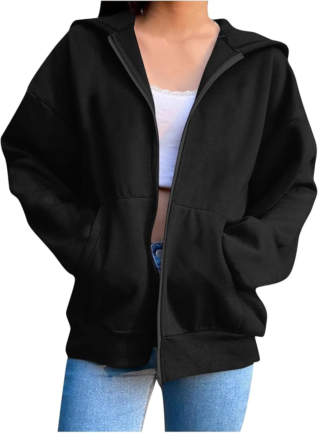 Women Full Zipper Oversized Hooded Sweatshirts Long Sleeve Drop Shoulder Hoodies Trendy Casual Pullover Y2K Clothes