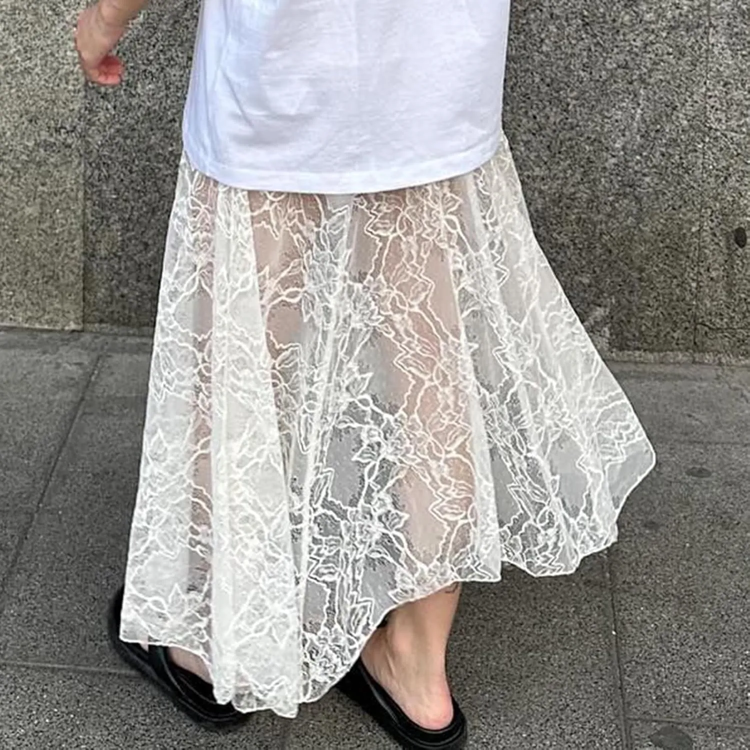 Women Lace Maxi Skirts Y2k High Waist Sheer Mesh Long Skirt Boho See Through Slim Fit Midi Skirt Streetwear