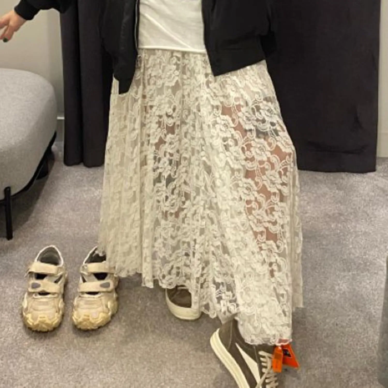 Women Lace Maxi Skirts Y2k High Waist Sheer Mesh Long Skirt Boho See Through Slim Fit Midi Skirt Streetwear