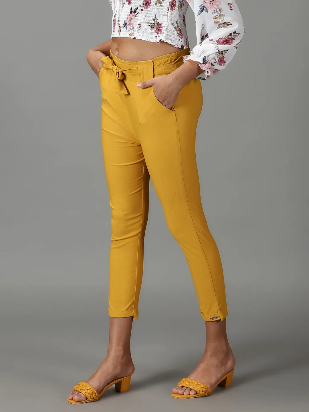 Women Mustard Relaxed Slim Fit High-Rise Trousers