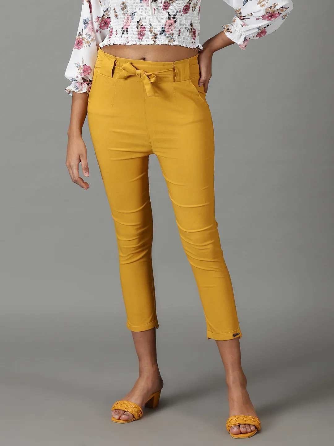 Women Mustard Relaxed Slim Fit High-Rise Trousers