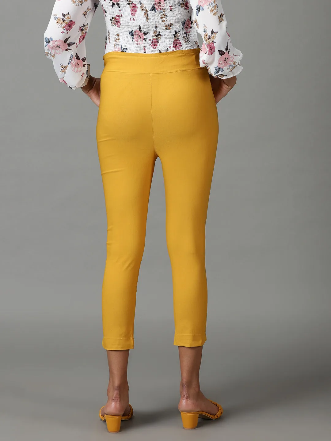 Women Mustard Relaxed Slim Fit High-Rise Trousers
