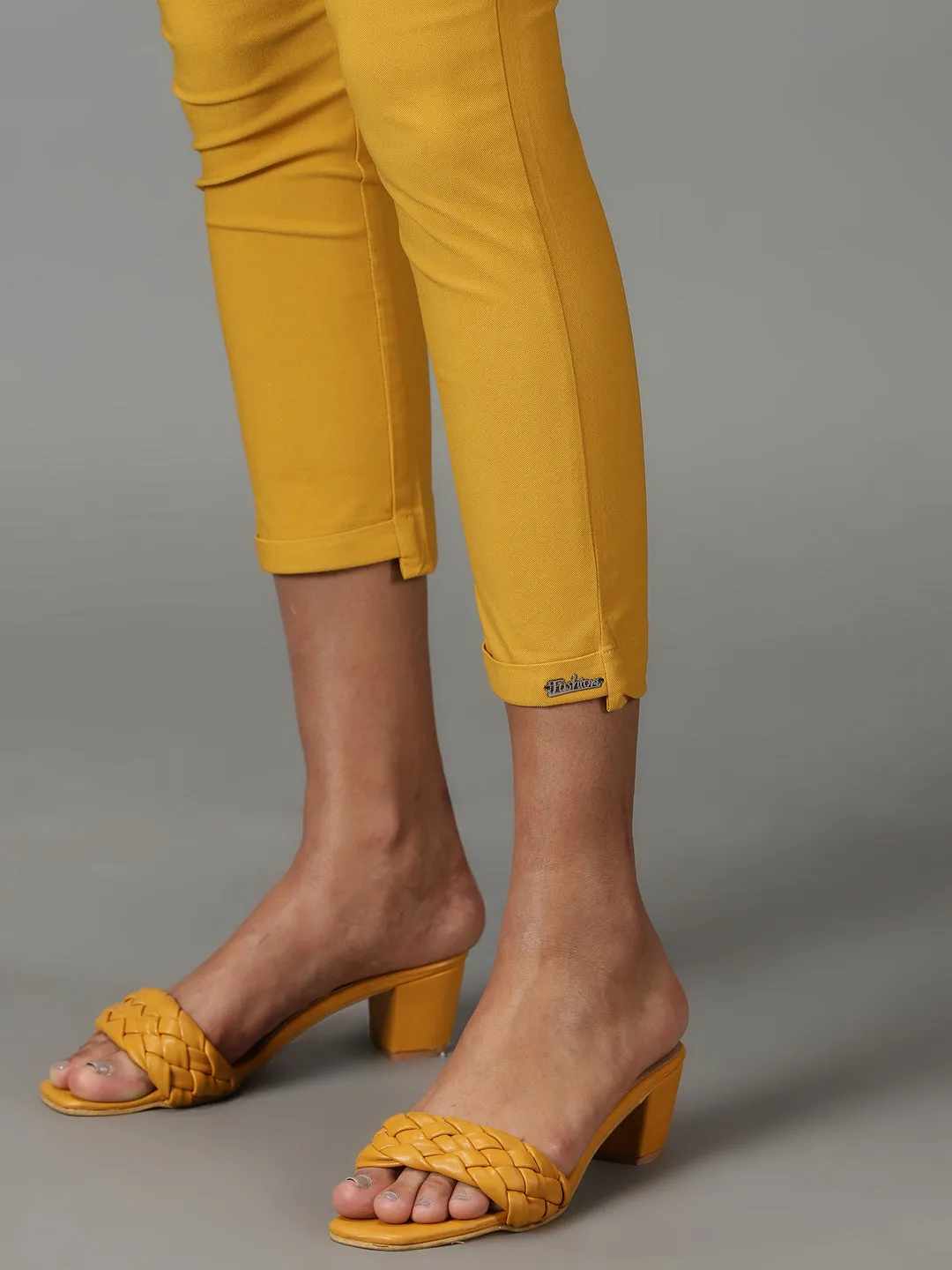 Women Mustard Relaxed Slim Fit High-Rise Trousers