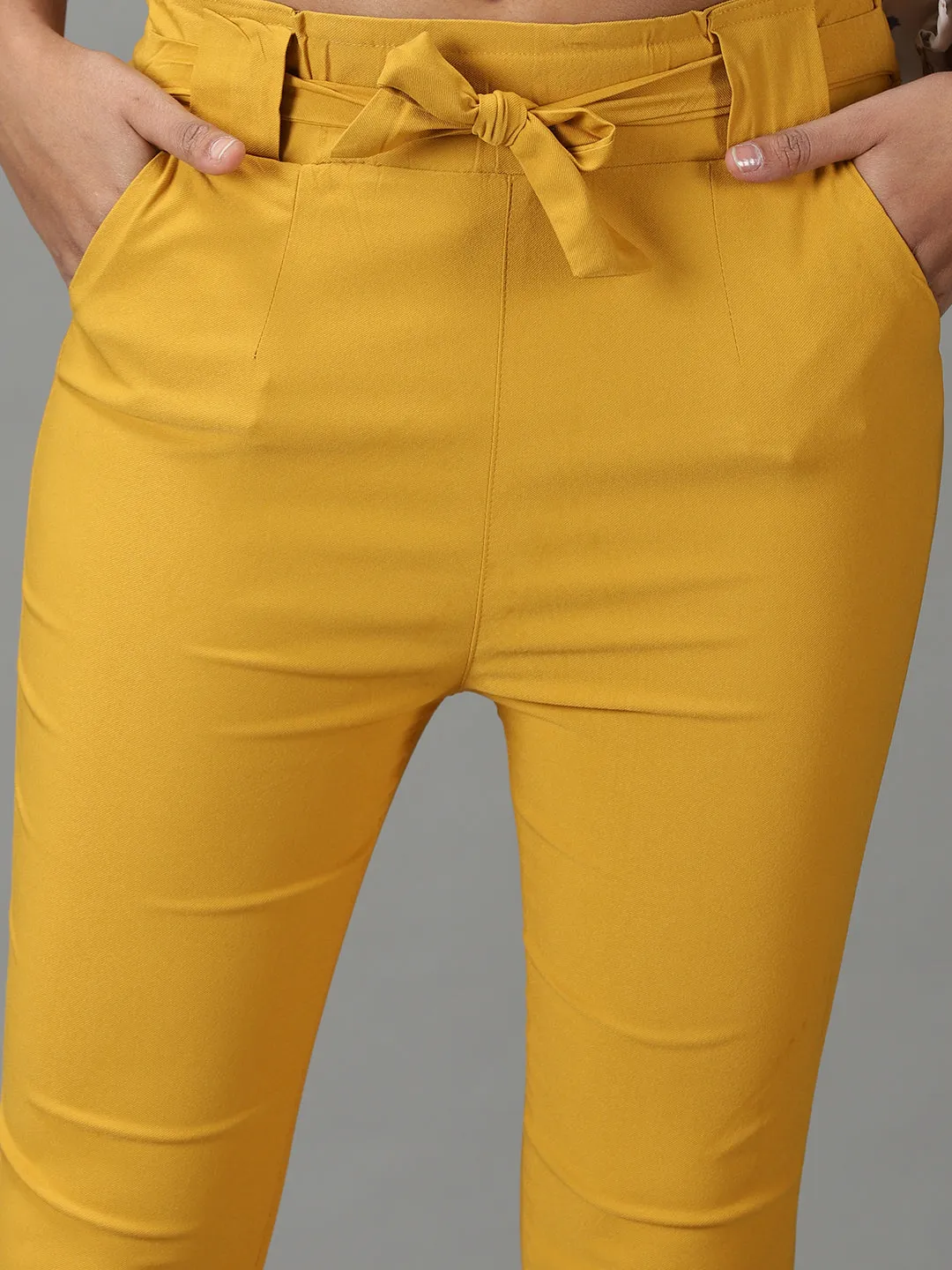 Women Mustard Relaxed Slim Fit High-Rise Trousers