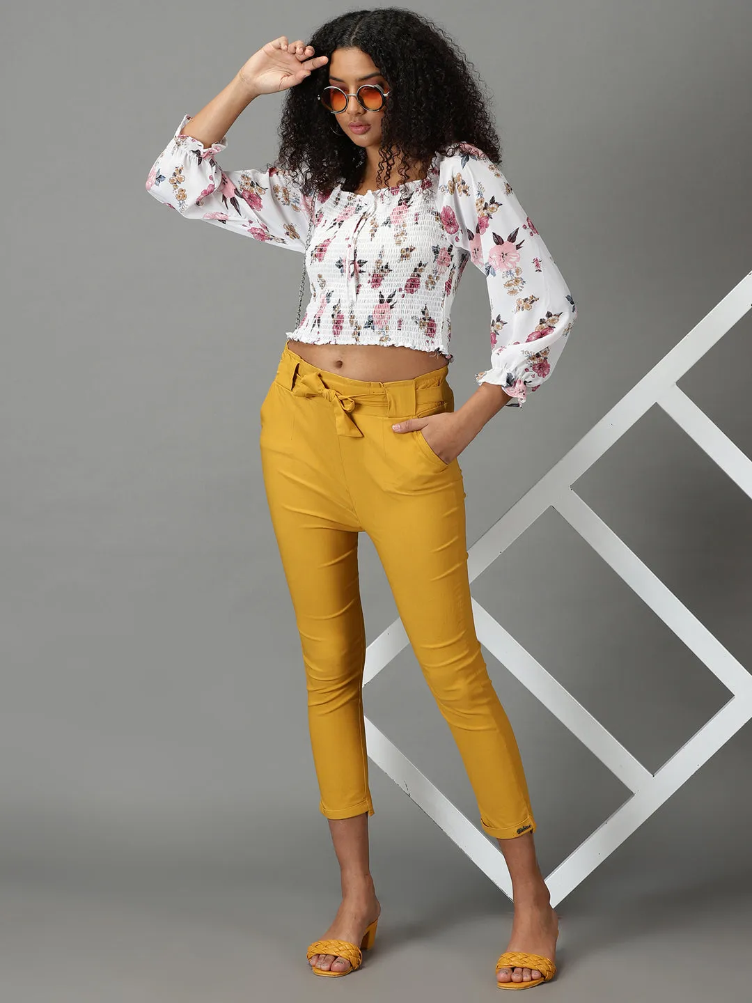 Women Mustard Relaxed Slim Fit High-Rise Trousers