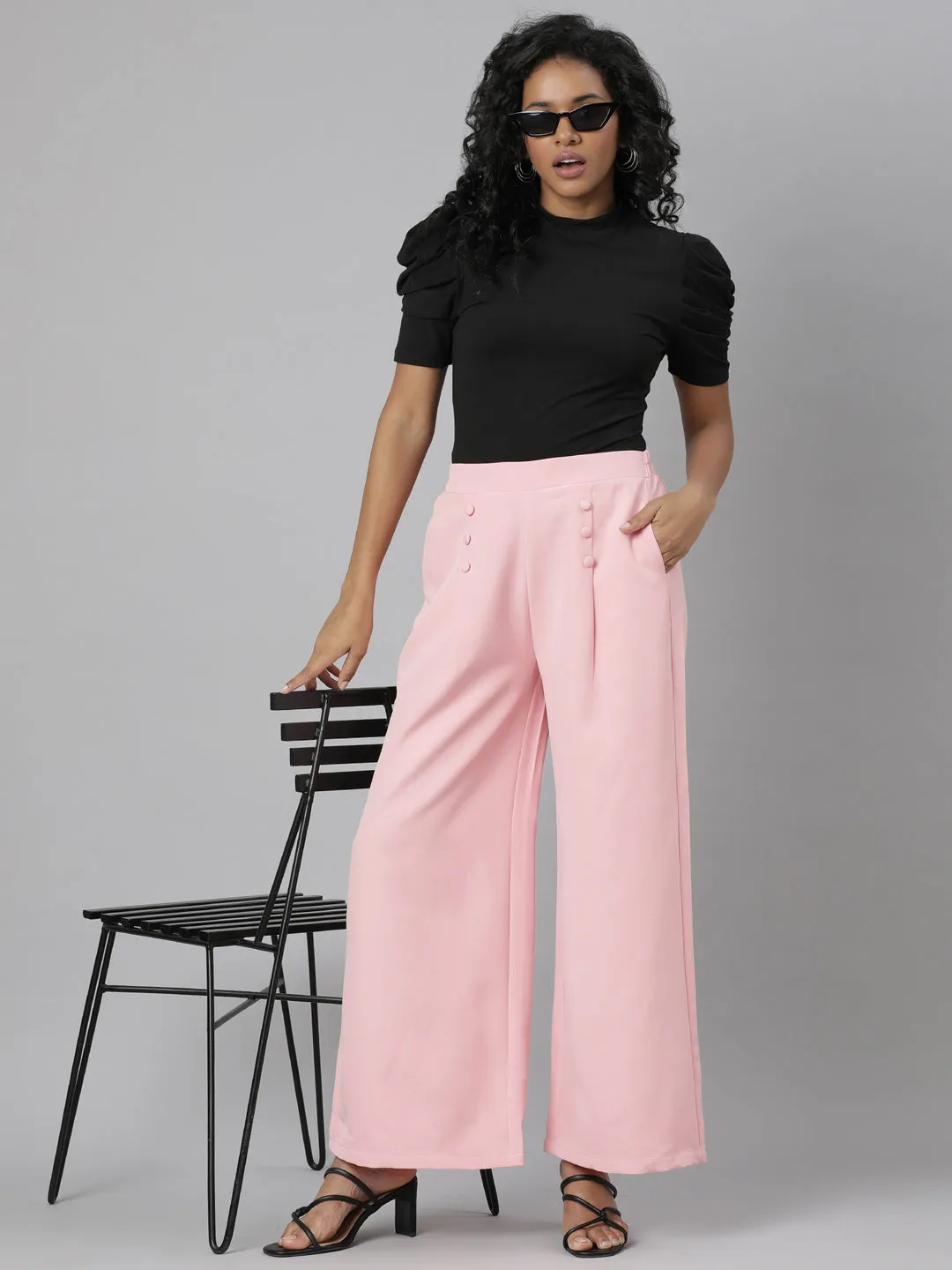 Women Pink Relaxed Straight Leg Cotton Parallel Trouser
