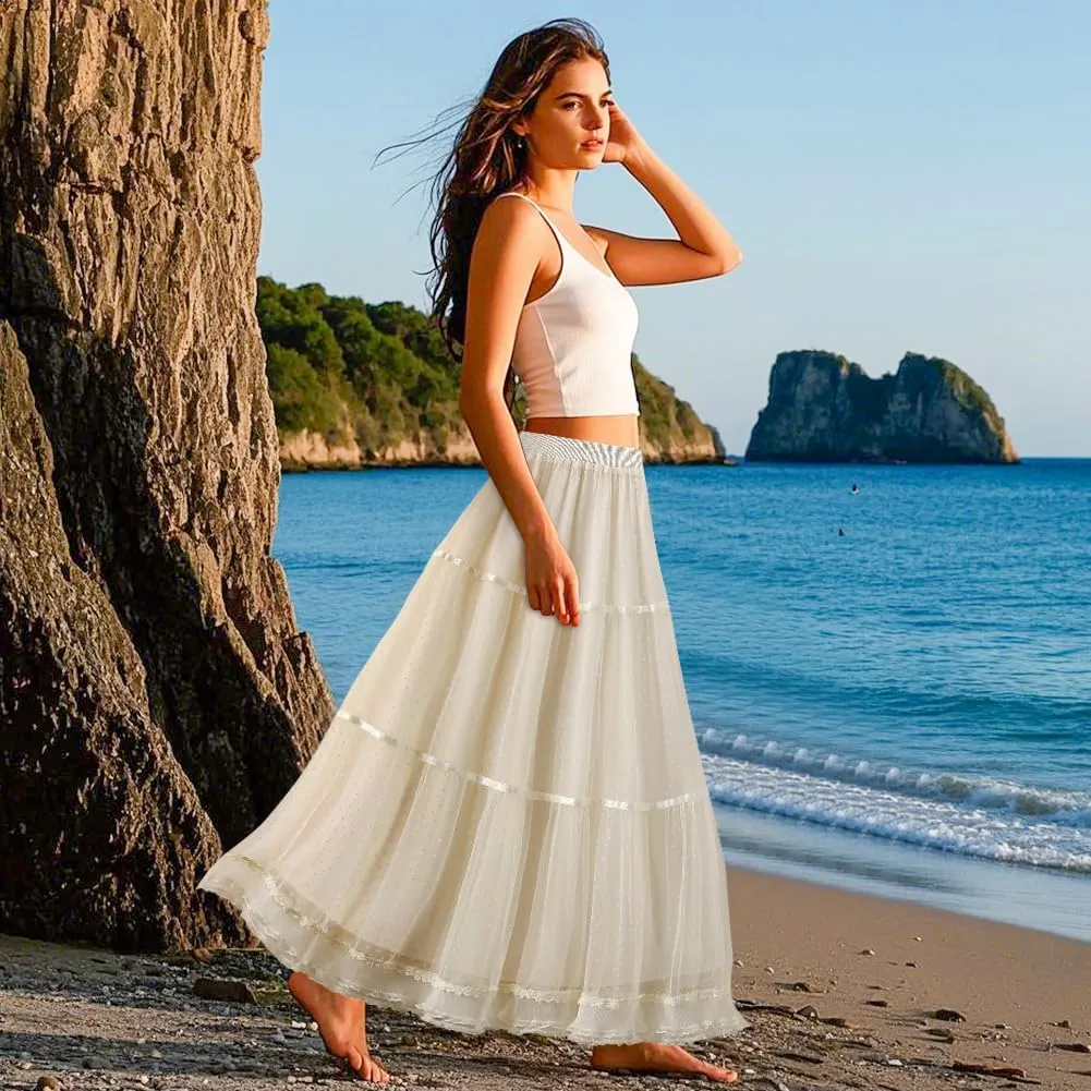 Women' s Tulle Skirts Midi Elastic High Waist Pleated A-Line Party Long Tutu Skirt Polka Dot Skirt Lace Trimmed Skirt, Blue