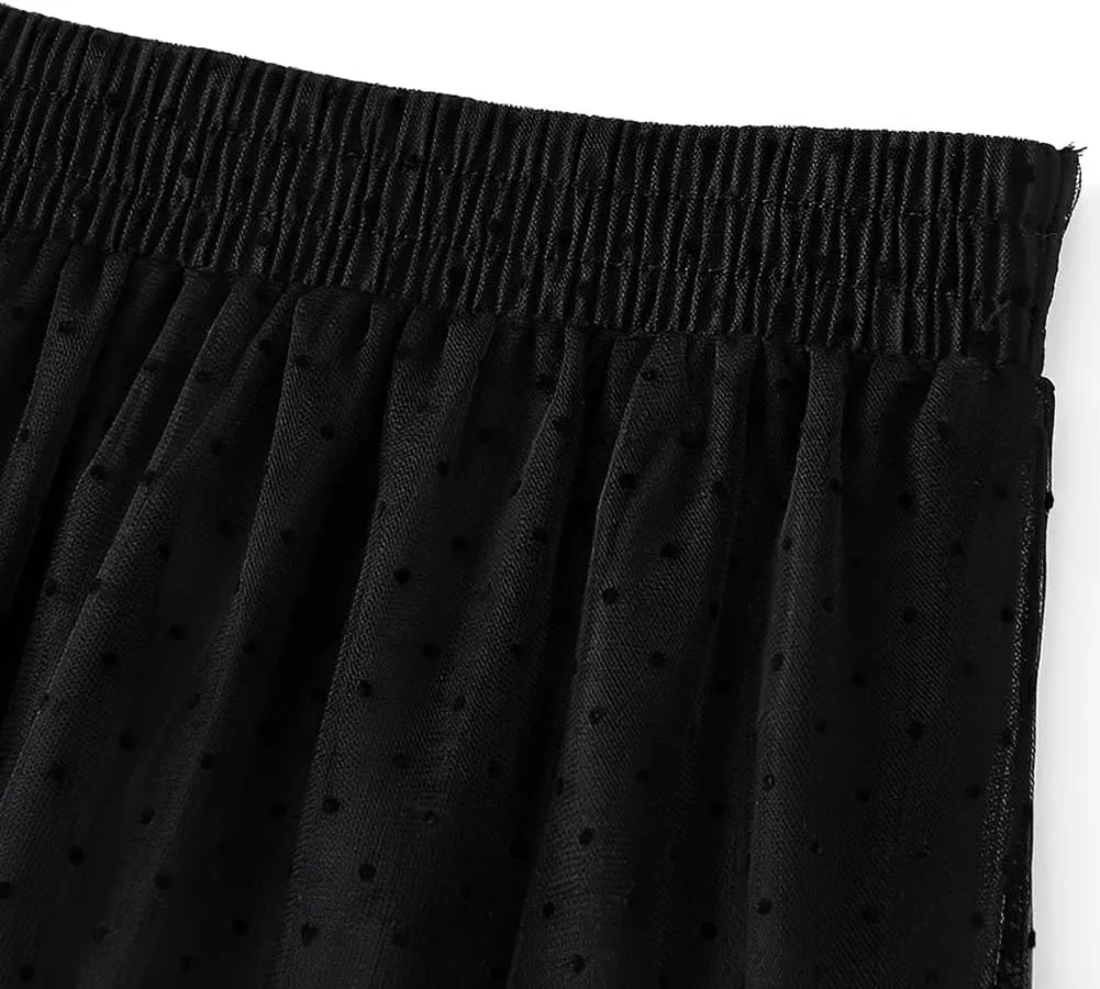 Women' s Tulle Skirts Midi Elastic High Waist Pleated A-Line Party Long Tutu Skirt Polka Dot Skirt Lace Trimmed Skirt, Blue