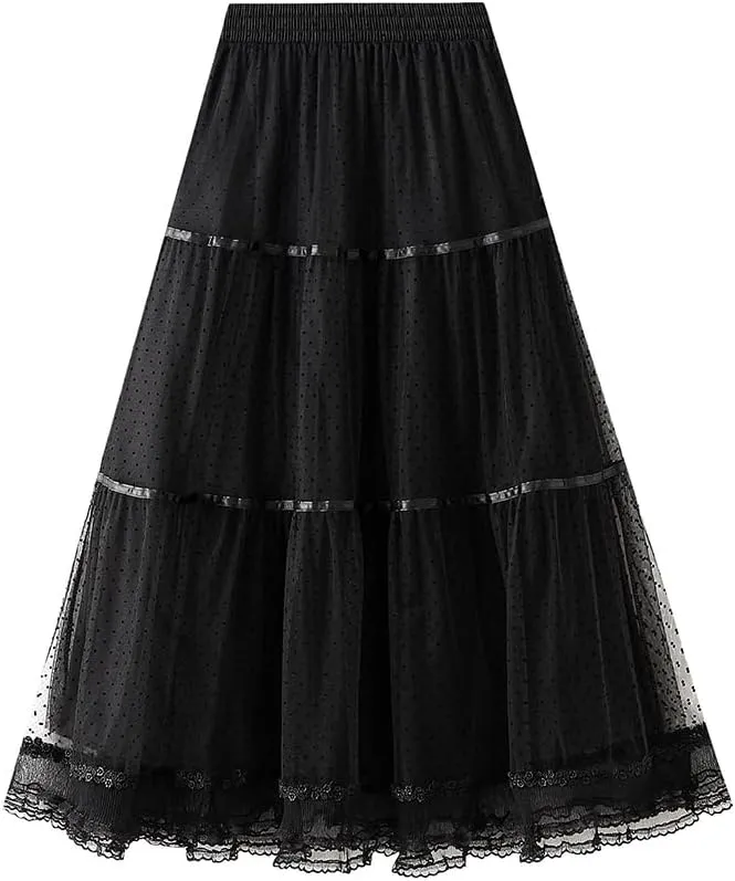 Women' s Tulle Skirts Midi Elastic High Waist Pleated A-Line Party Long Tutu Skirt Polka Dot Skirt Lace Trimmed Skirt, Blue