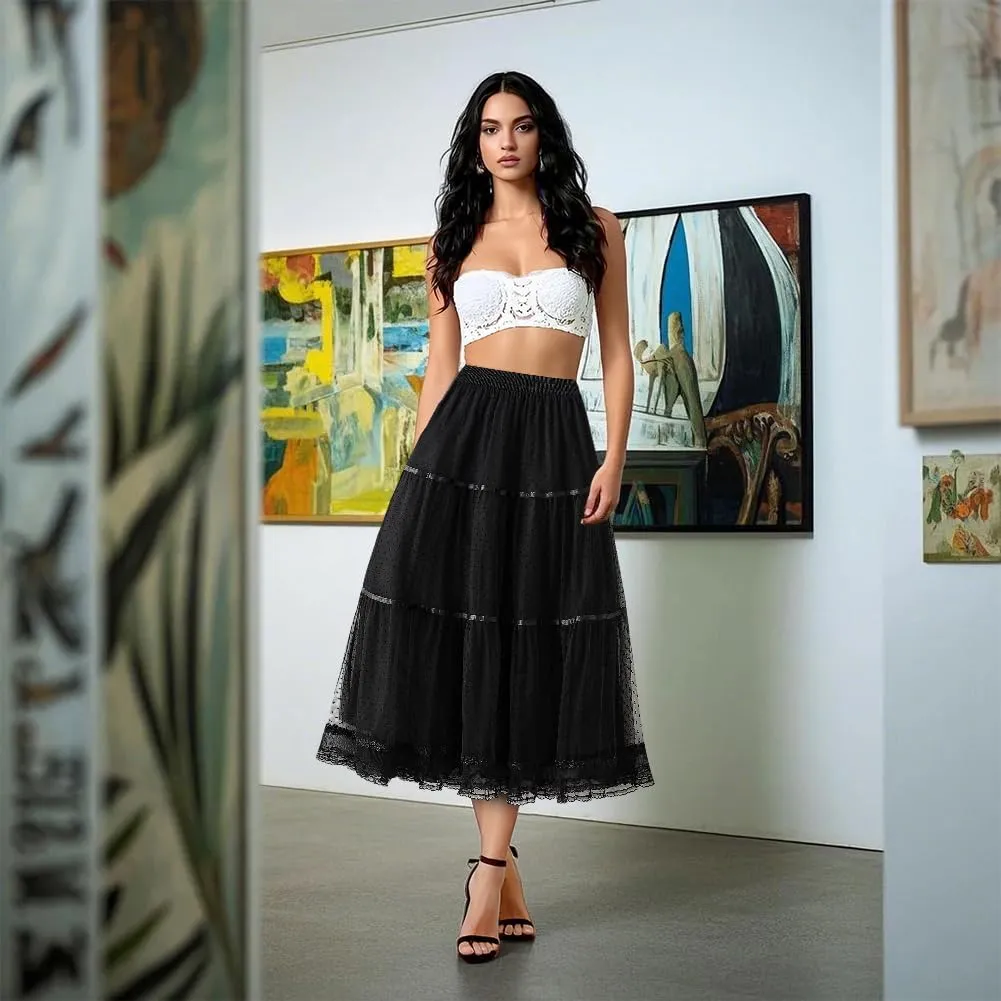 Women' s Tulle Skirts Midi Elastic High Waist Pleated A-Line Party Long Tutu Skirt Polka Dot Skirt Lace Trimmed Skirt, Blue