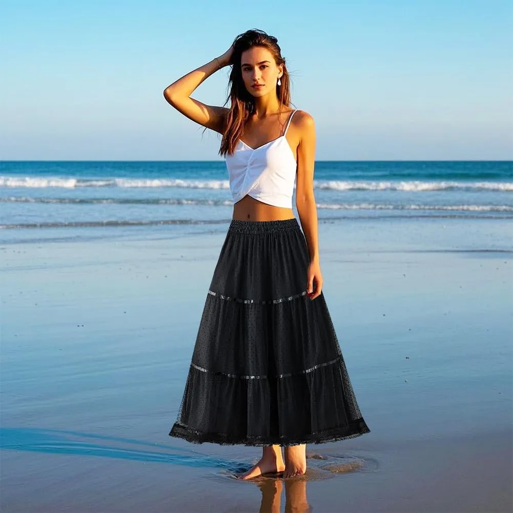 Women' s Tulle Skirts Midi Elastic High Waist Pleated A-Line Party Long Tutu Skirt Polka Dot Skirt Lace Trimmed Skirt, Blue