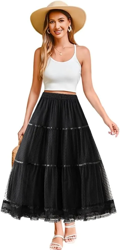Women' s Tulle Skirts Midi Elastic High Waist Pleated A-Line Party Long Tutu Skirt Polka Dot Skirt Lace Trimmed Skirt, Blue