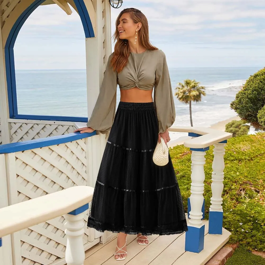 Women' s Tulle Skirts Midi Elastic High Waist Pleated A-Line Party Long Tutu Skirt Polka Dot Skirt Lace Trimmed Skirt, Blue