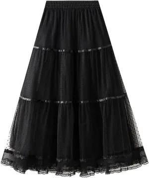 Women' s Tulle Skirts Midi Elastic High Waist Pleated A-Line Party Long Tutu Skirt Polka Dot Skirt Lace Trimmed Skirt, Blue