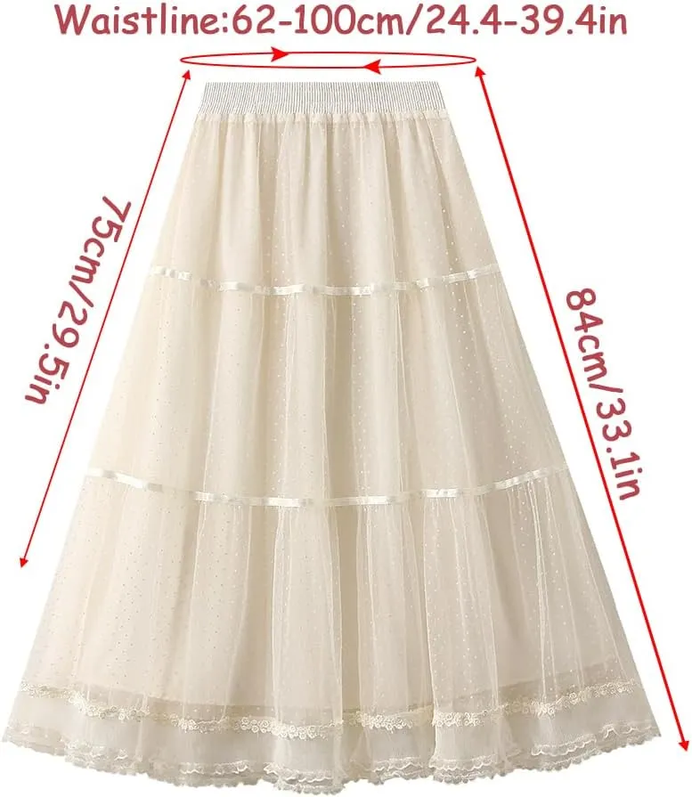 Women' s Tulle Skirts Midi Elastic High Waist Pleated A-Line Party Long Tutu Skirt Polka Dot Skirt Lace Trimmed Skirt, Blue