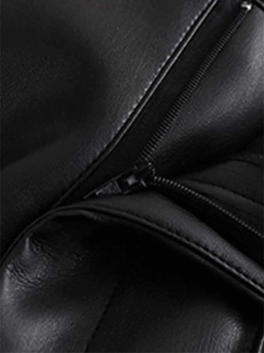 Women Spring Autumn Long Black Soft Pu Leather Pants with Zipper High Waist Casual Straight Leg Trousers