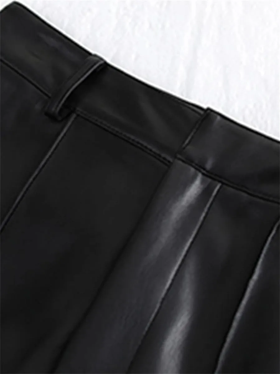 Women Spring Autumn Long Black Soft Pu Leather Pants with Zipper High Waist Casual Straight Leg Trousers