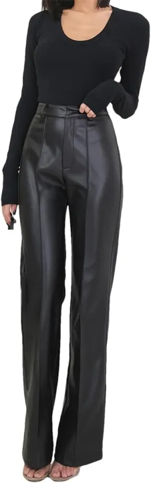 Women Spring Autumn Long Black Soft Pu Leather Pants with Zipper High Waist Casual Straight Leg Trousers