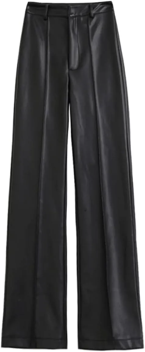 Women Spring Autumn Long Black Soft Pu Leather Pants with Zipper High Waist Casual Straight Leg Trousers