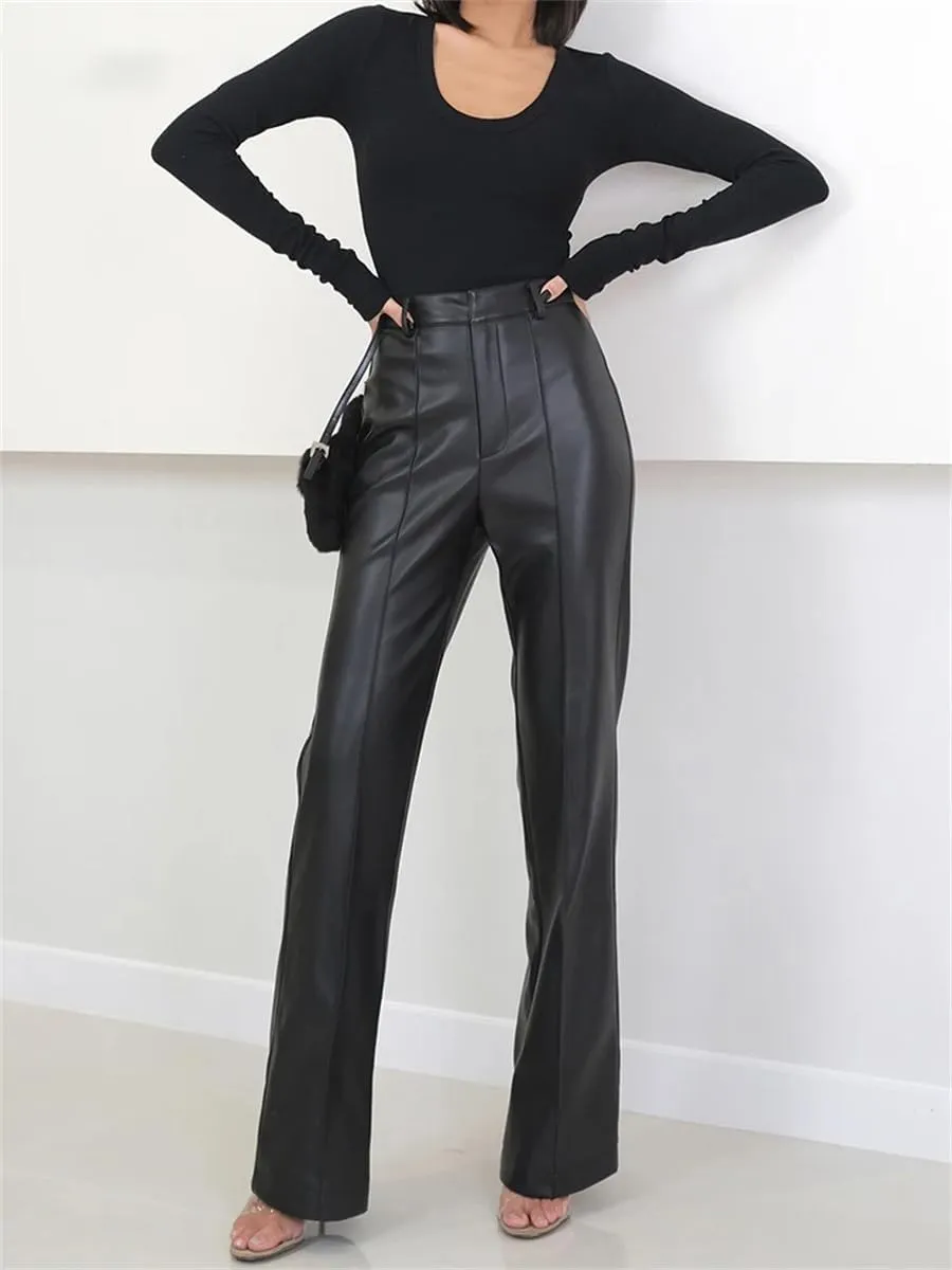 Women Spring Autumn Long Black Soft Pu Leather Pants with Zipper High Waist Casual Straight Leg Trousers
