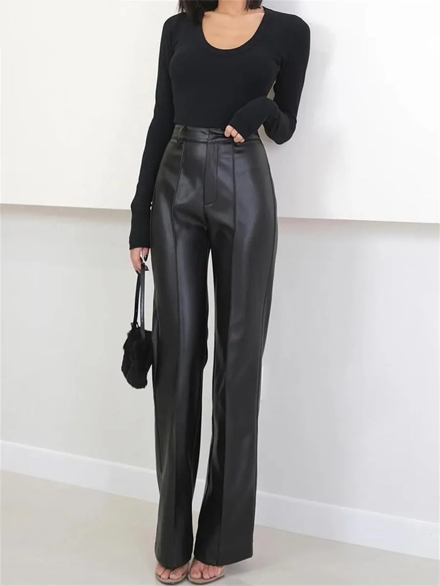 Women Spring Autumn Long Black Soft Pu Leather Pants with Zipper High Waist Casual Straight Leg Trousers