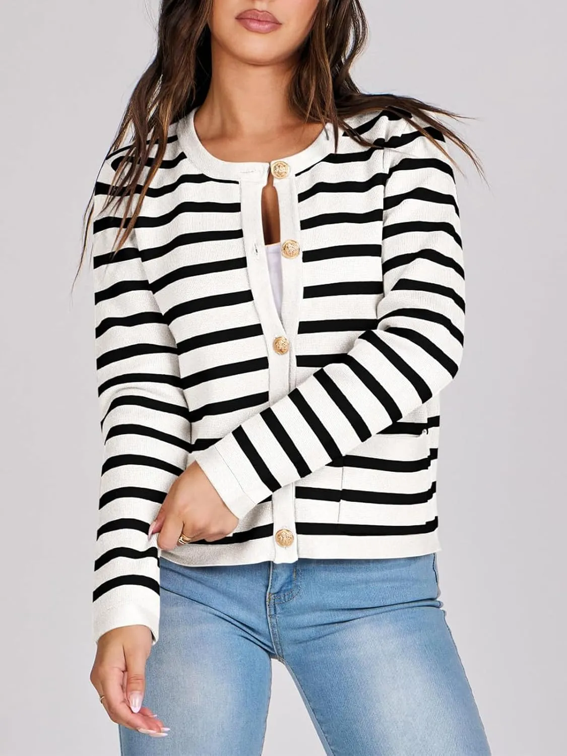 Women Striped Cardigan Sweaters Button Down Cropped Knit Lady Jackets Coat 2024 Fall Outfits Trendy Clothes