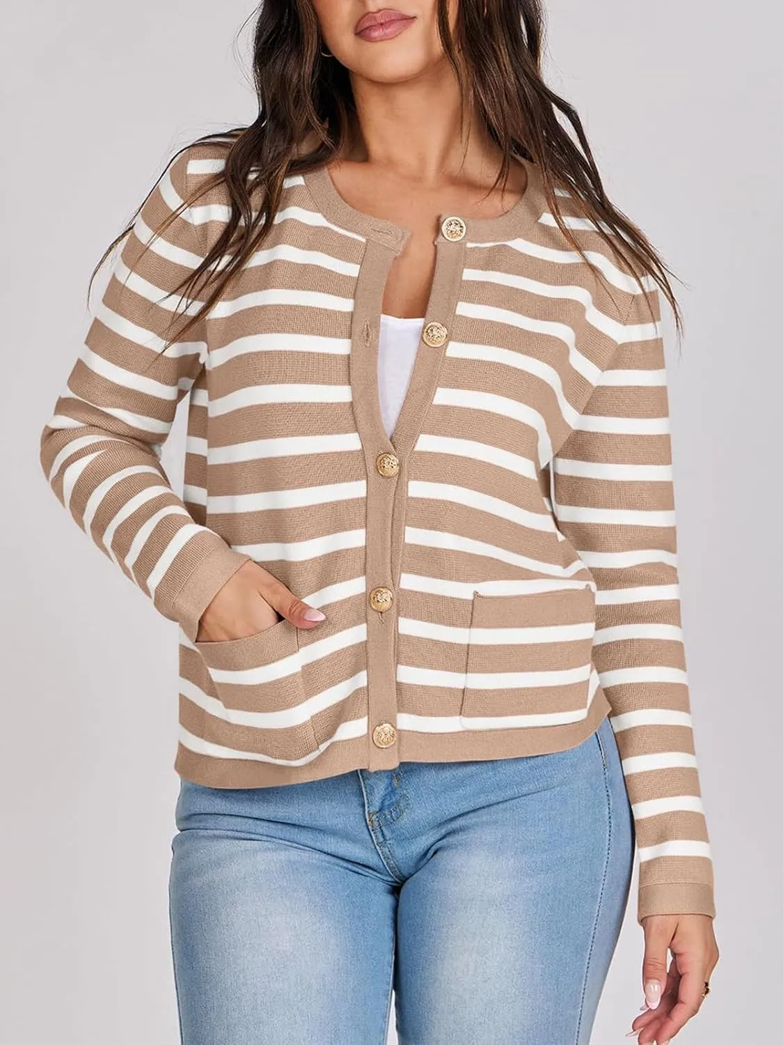 Women Striped Cardigan Sweaters Button Down Cropped Knit Lady Jackets Coat 2024 Fall Outfits Trendy Clothes