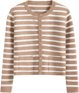 Women Striped Cardigan Sweaters Button Down Cropped Knit Lady Jackets Coat 2024 Fall Outfits Trendy Clothes