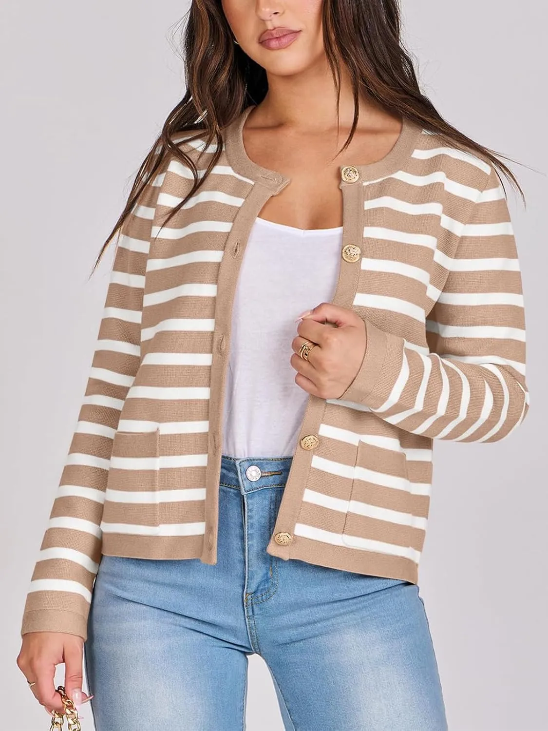 Women Striped Cardigan Sweaters Button Down Cropped Knit Lady Jackets Coat 2024 Fall Outfits Trendy Clothes