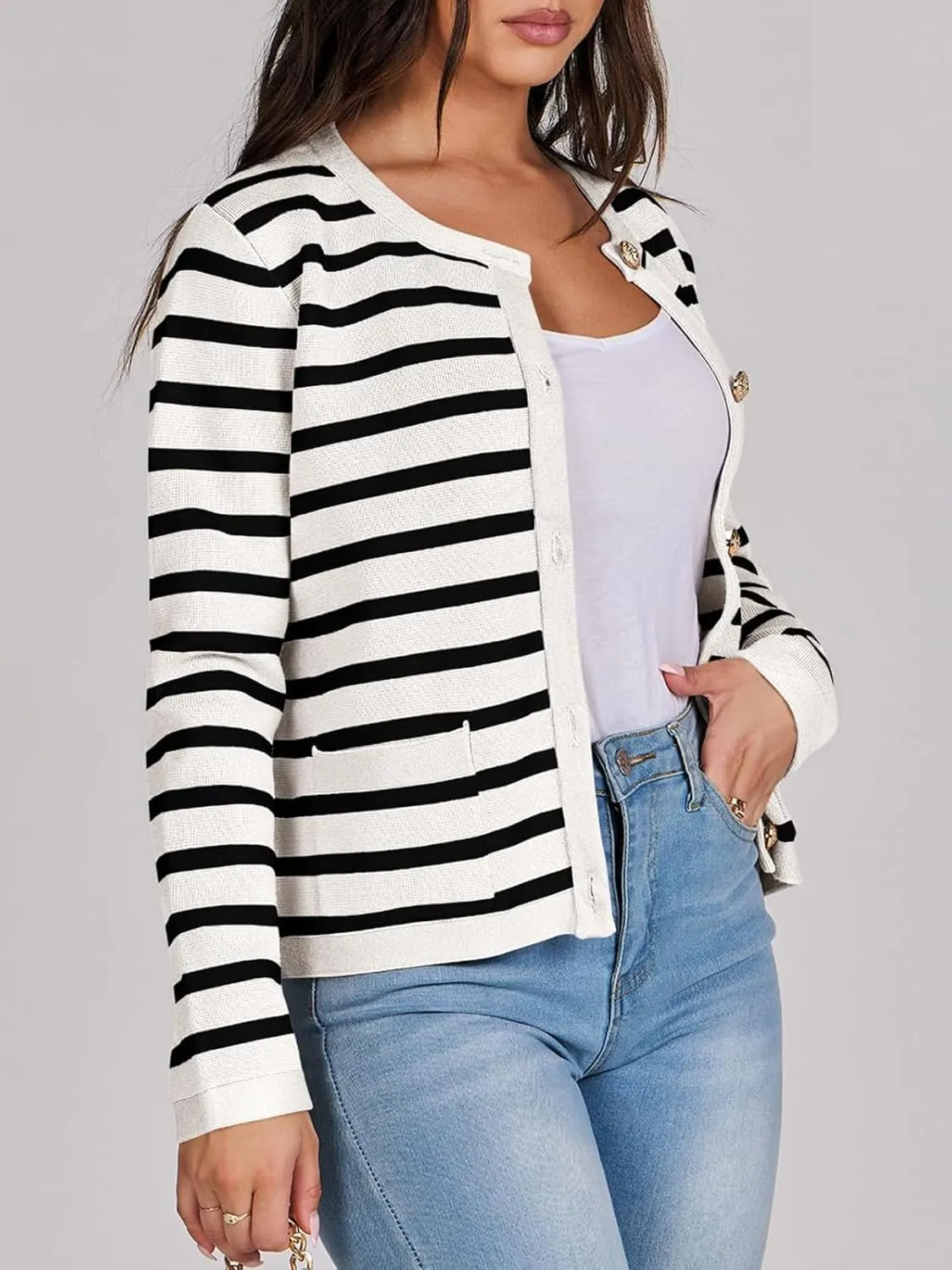 Women Striped Cardigan Sweaters Button Down Cropped Knit Lady Jackets Coat 2024 Fall Outfits Trendy Clothes