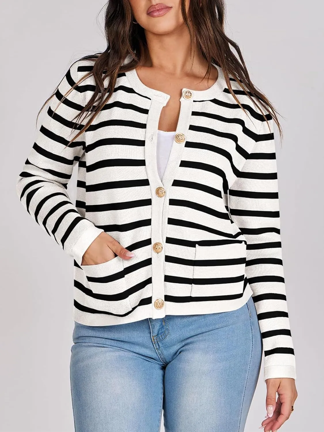 Women Striped Cardigan Sweaters Button Down Cropped Knit Lady Jackets Coat 2024 Fall Outfits Trendy Clothes