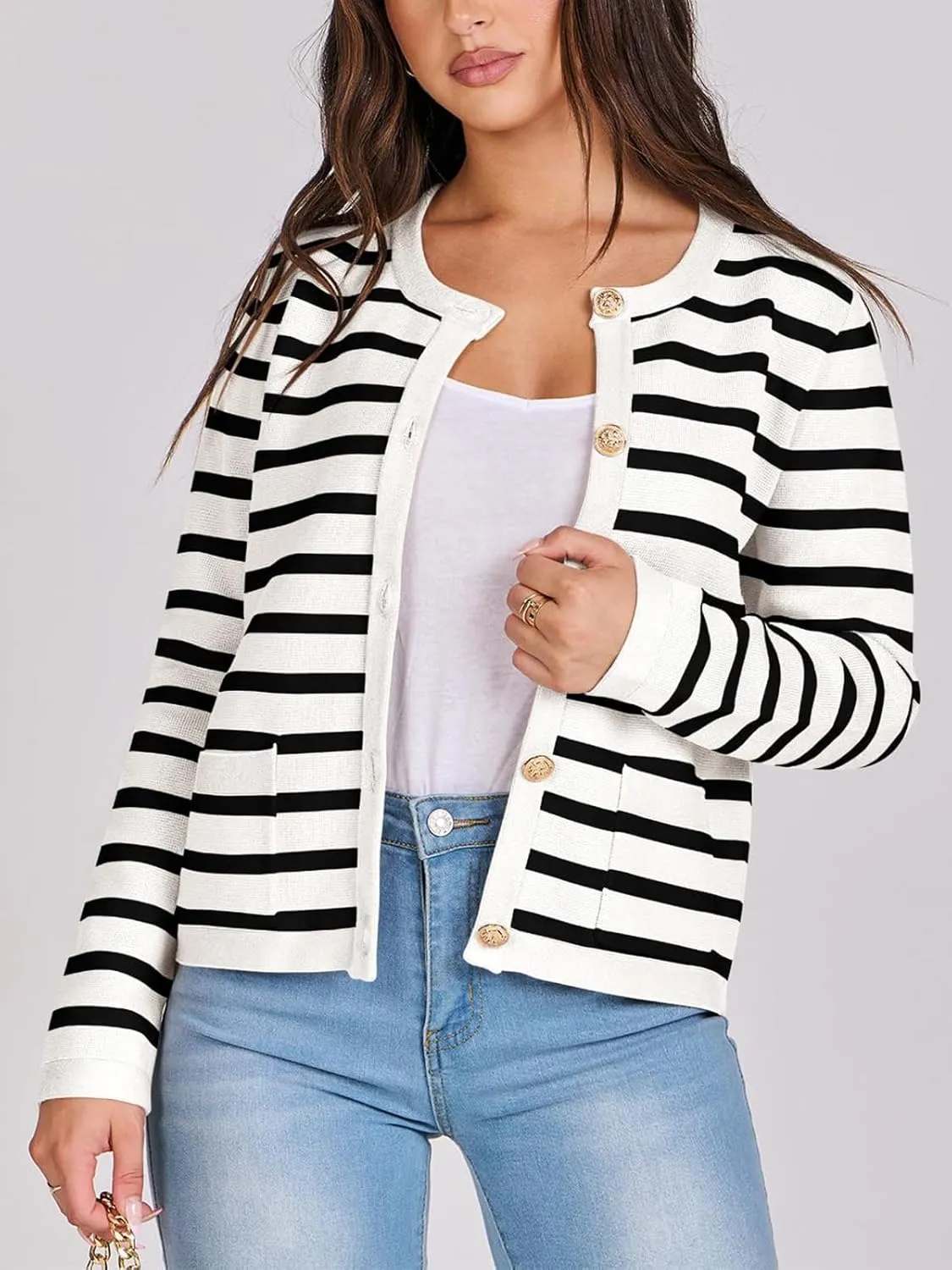Women Striped Cardigan Sweaters Button Down Cropped Knit Lady Jackets Coat 2024 Fall Outfits Trendy Clothes