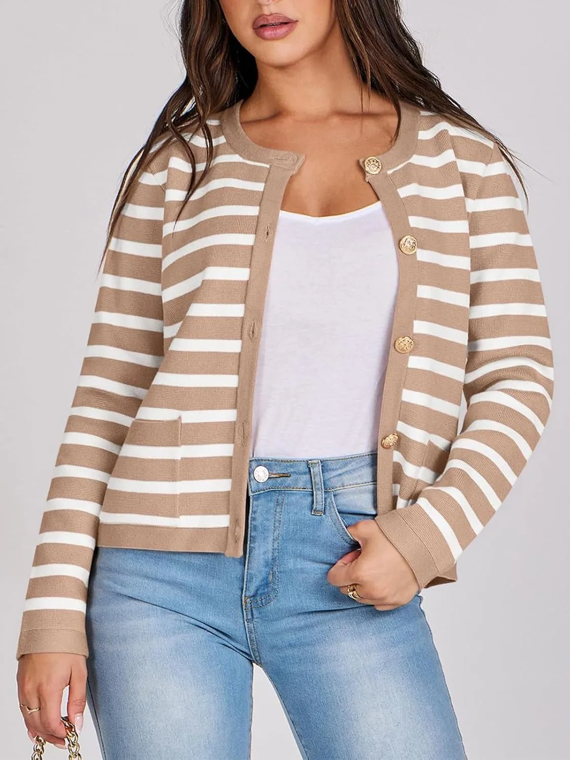 Women Striped Cardigan Sweaters Button Down Cropped Knit Lady Jackets Coat 2024 Fall Outfits Trendy Clothes