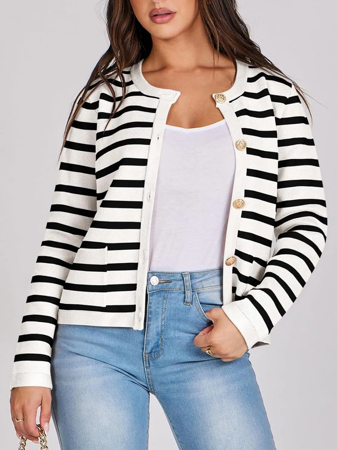Women Striped Cardigan Sweaters Button Down Cropped Knit Lady Jackets Coat 2024 Fall Outfits Trendy Clothes