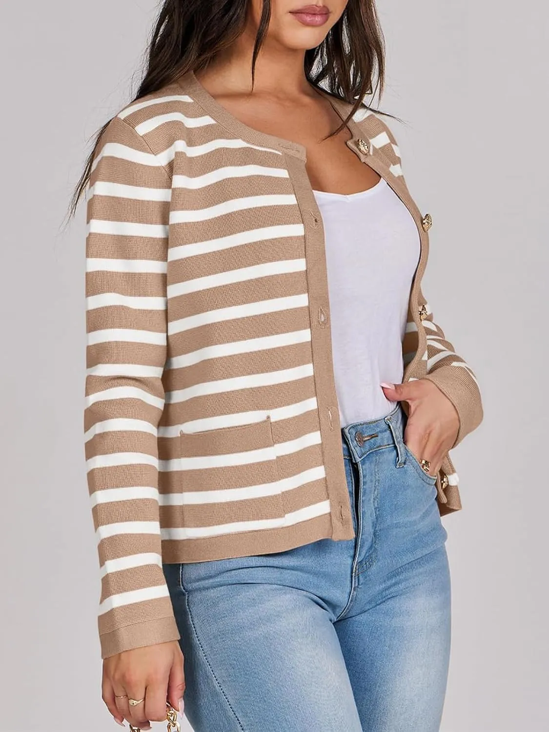 Women Striped Cardigan Sweaters Button Down Cropped Knit Lady Jackets Coat 2024 Fall Outfits Trendy Clothes
