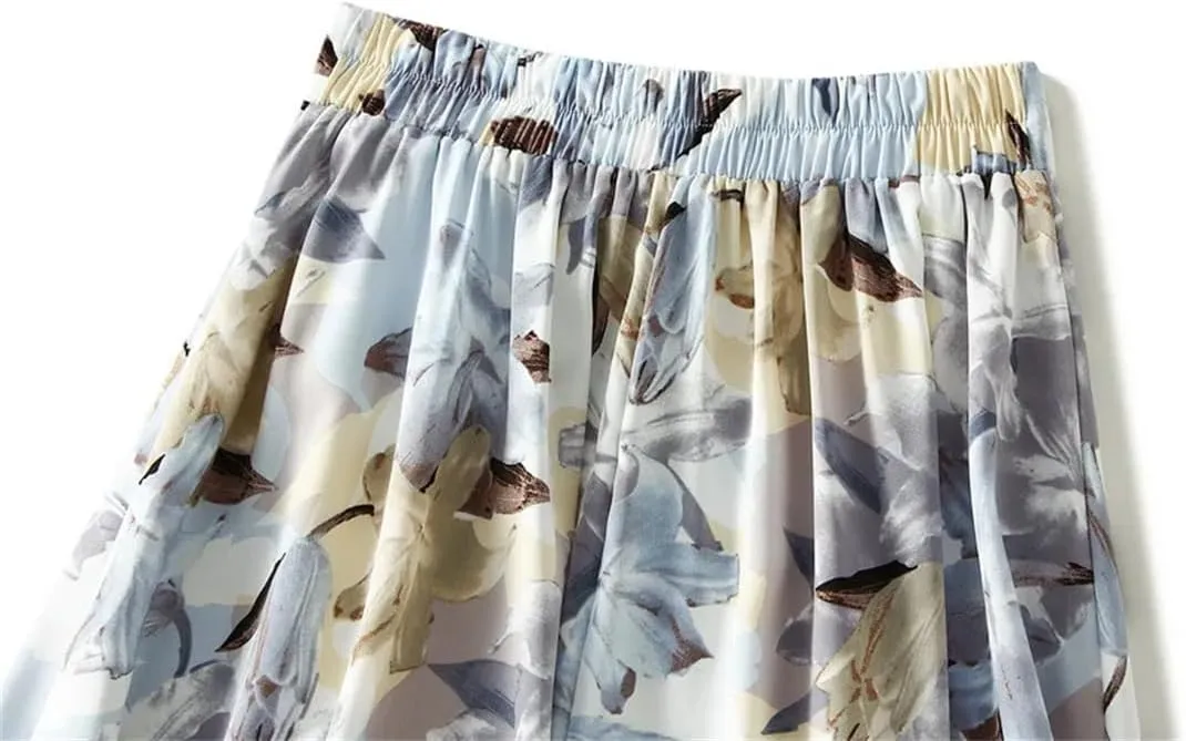 Women Summer Vintage Floral Oil Painting Print A Line Midi Skirt High Waist Casual Long Skirts