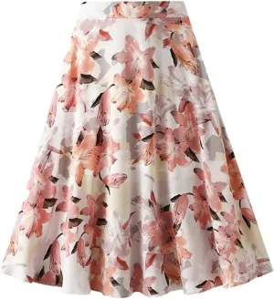 Women Summer Vintage Floral Oil Painting Print A Line Midi Skirt High Waist Casual Long Skirts