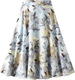 Women Summer Vintage Floral Oil Painting Print A Line Midi Skirt High Waist Casual Long Skirts