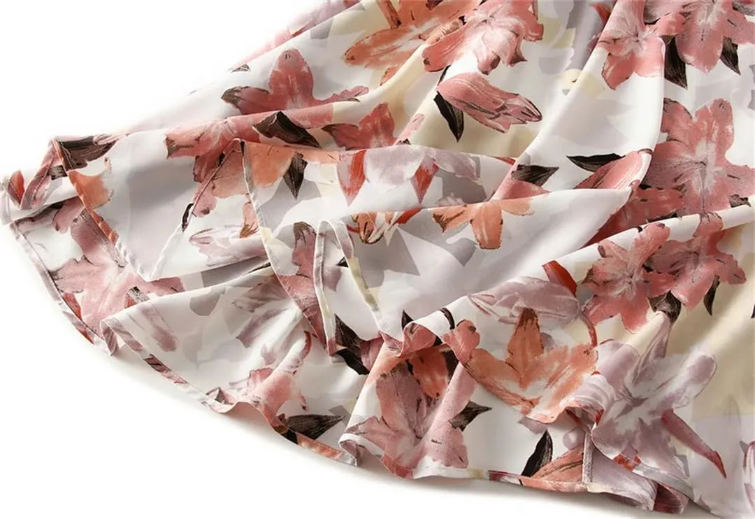 Women Summer Vintage Floral Oil Painting Print A Line Midi Skirt High Waist Casual Long Skirts