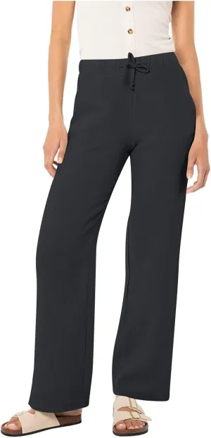 Womens Casual Pants Drawstring Soft Waist Pleated Linen Blend Pants Comfy Wide Leg Straight Pajama Trousers with Pockets