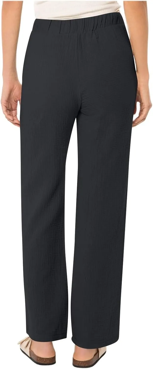 Womens Casual Pants Drawstring Soft Waist Pleated Linen Blend Pants Comfy Wide Leg Straight Pajama Trousers with Pockets