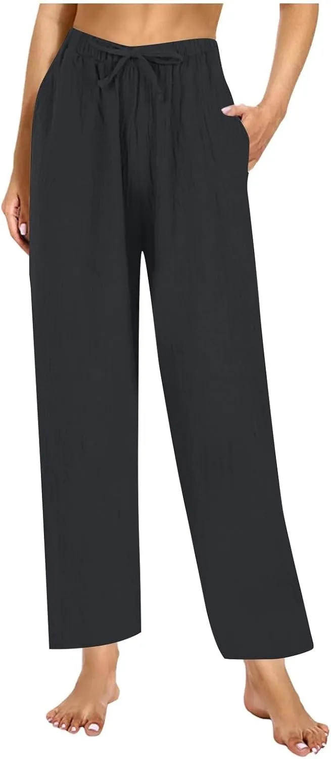 Womens Casual Pants Drawstring Soft Waist Pleated Linen Blend Pants Comfy Wide Leg Straight Pajama Trousers with Pockets