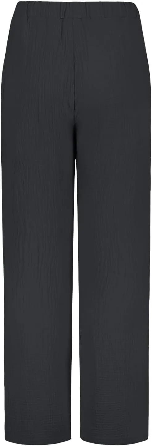 Womens Casual Pants Drawstring Soft Waist Pleated Linen Blend Pants Comfy Wide Leg Straight Pajama Trousers with Pockets