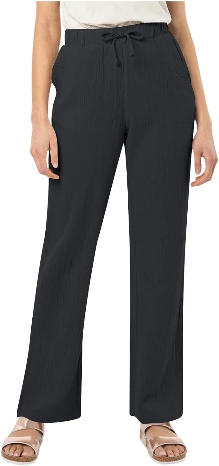 Womens Casual Pants Drawstring Soft Waist Pleated Linen Blend Pants Comfy Wide Leg Straight Pajama Trousers with Pockets