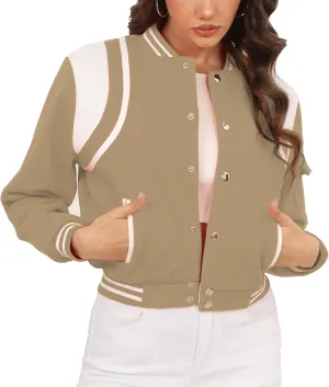 Womens Cropped Bomber Jacket Long Sleeve Button Down Baseball Varsity Fall Outerwear