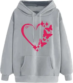 Womens Fashion Graphic Hoodies Long Sleeve Heart Print Drawstring Pocket Loose Fitted Casual Sweatshirt Pullover Tops