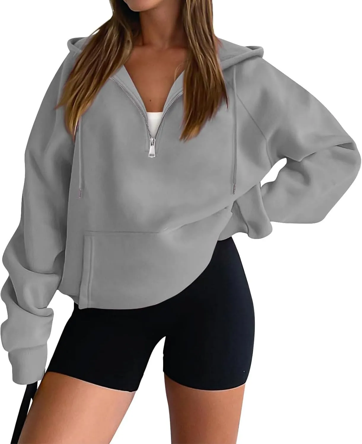 Womens Half Zip Hoodies Cropped Pullover Casual Long Sleeve Hooded Sweatshirts Quarter Zipper Sweatshirt Fall Clothes