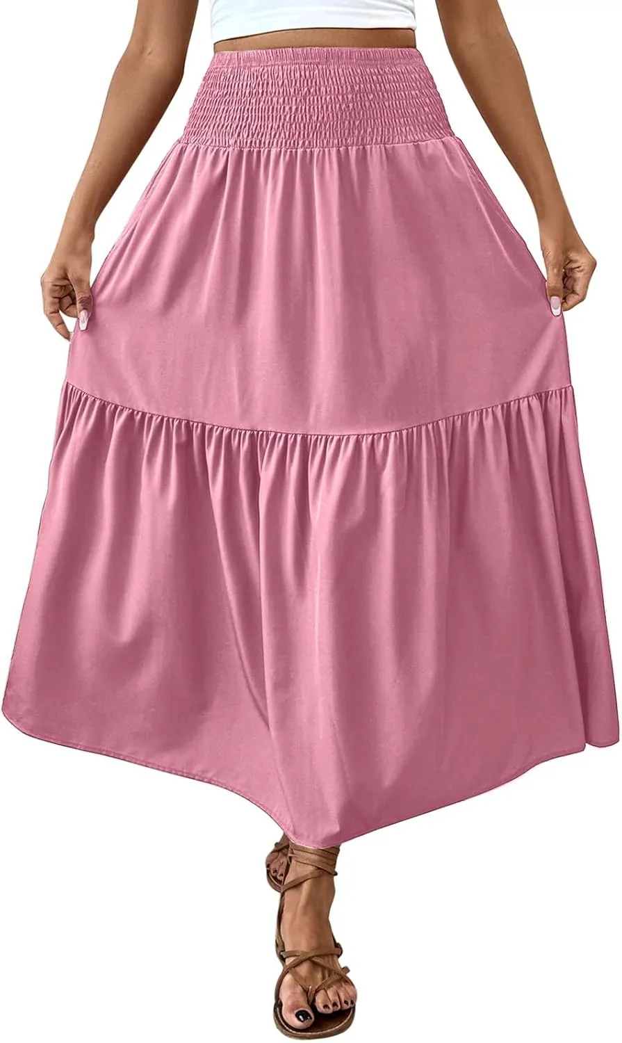 Women's High Elastic Waist Midi Skirt Casual Summer Trendy Tie Front Flowy Ruffle Floral Print A line Skirts