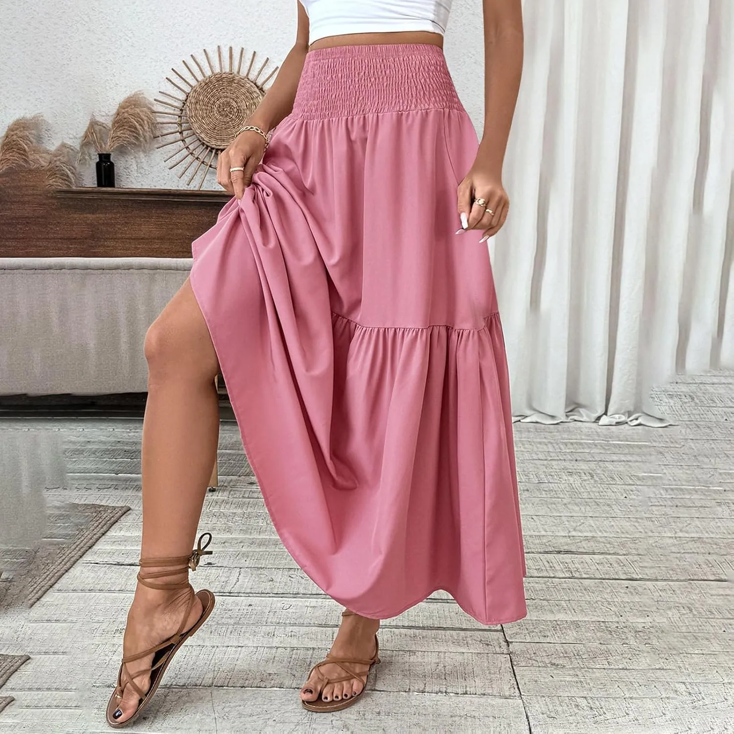 Women's High Elastic Waist Midi Skirt Casual Summer Trendy Tie Front Flowy Ruffle Floral Print A line Skirts