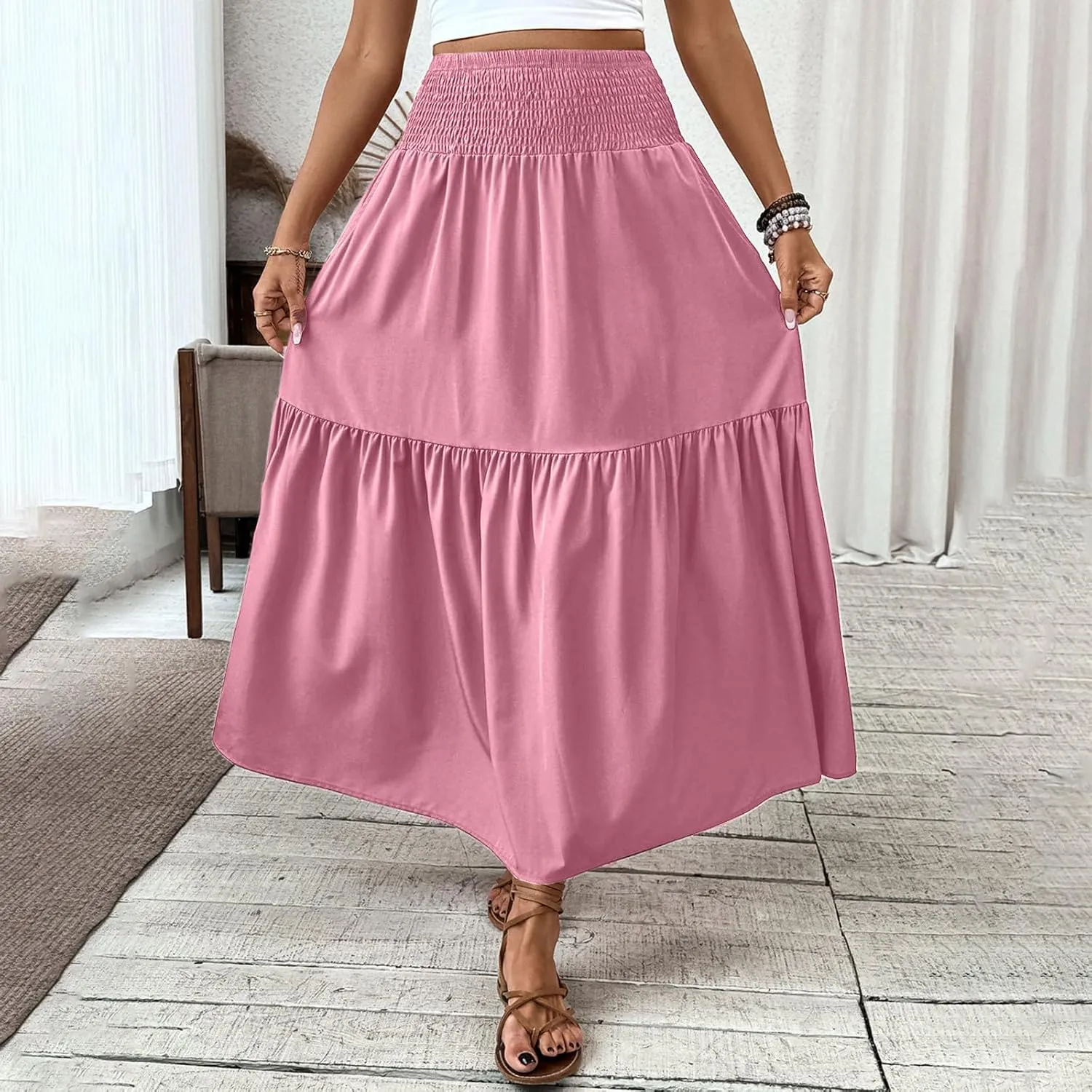 Women's High Elastic Waist Midi Skirt Casual Summer Trendy Tie Front Flowy Ruffle Floral Print A line Skirts